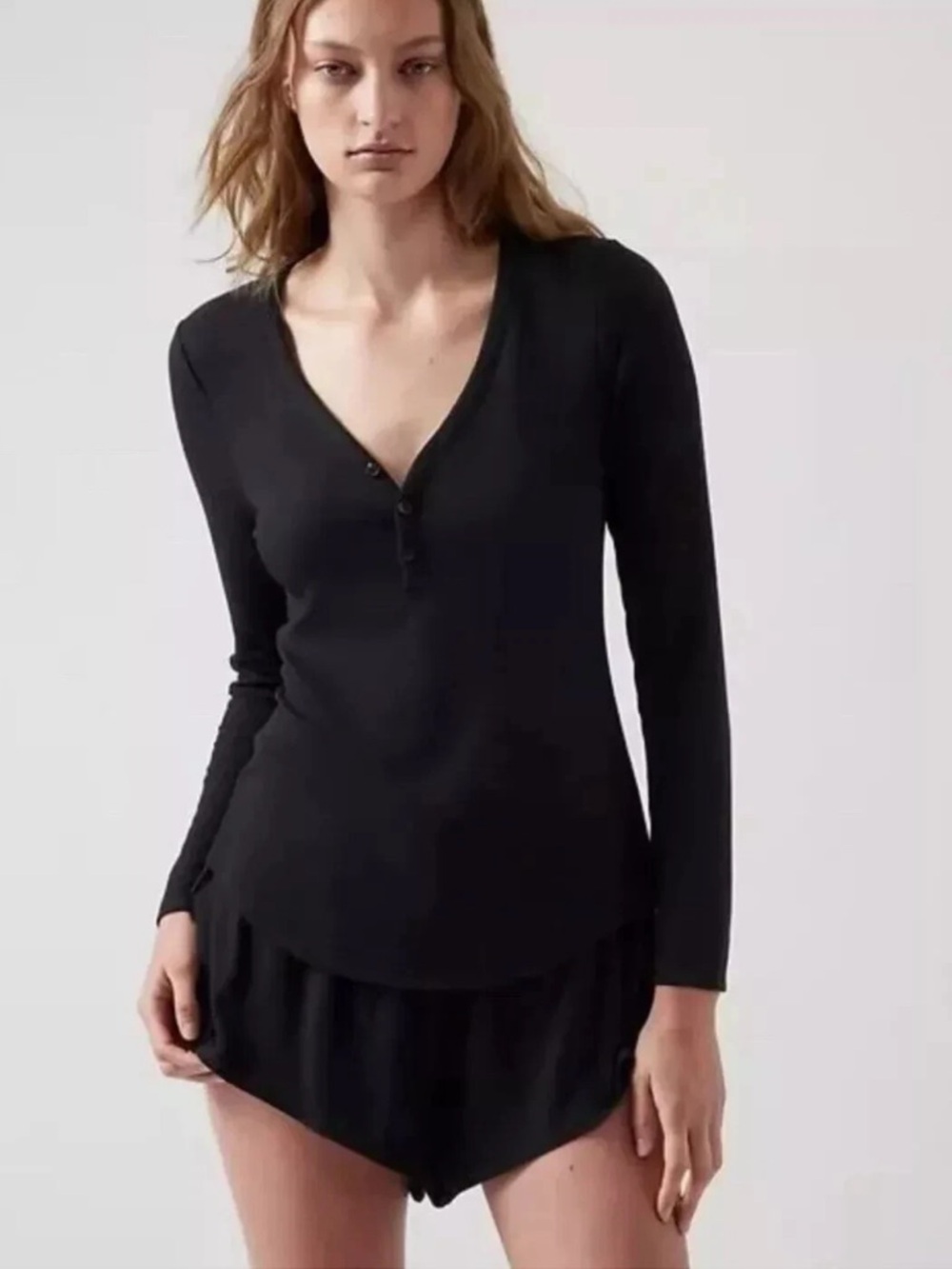 Athleta Wind Down Sleep Black Long Sleeve Ribbed Top